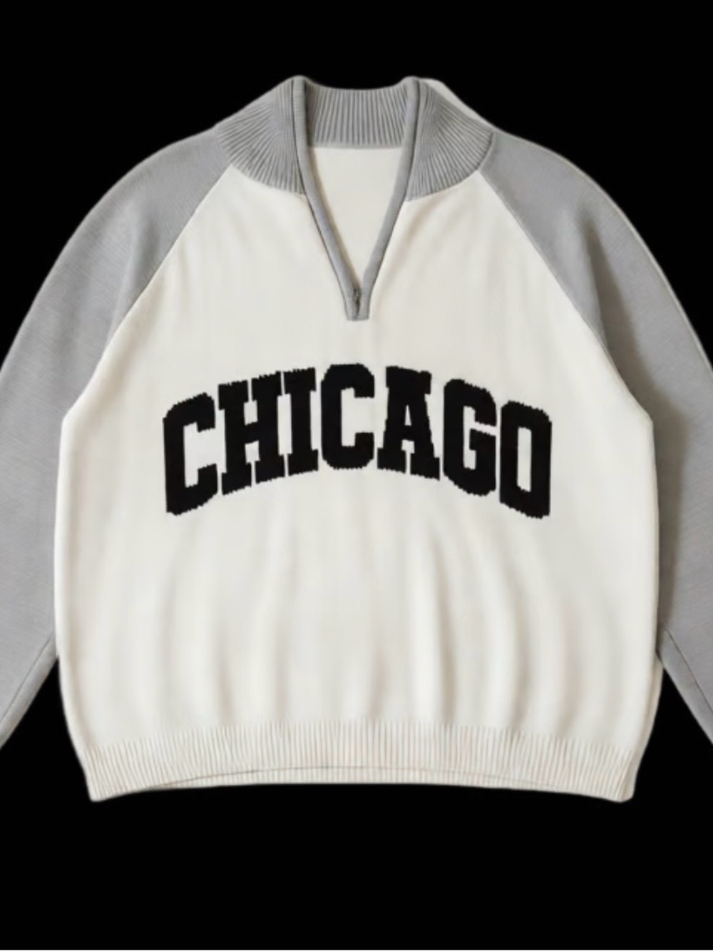 Chicago Graphic V-Neck Raglan Sweater - White & Gray crop top